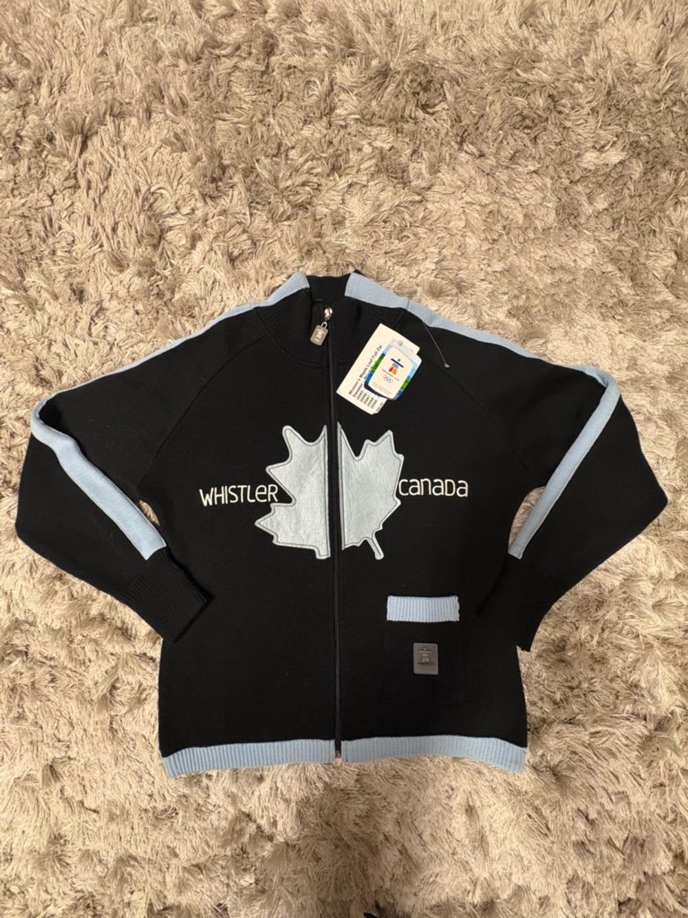 NWT Whistler Canada Black Zip-Up Sweater with Light Blue Trim